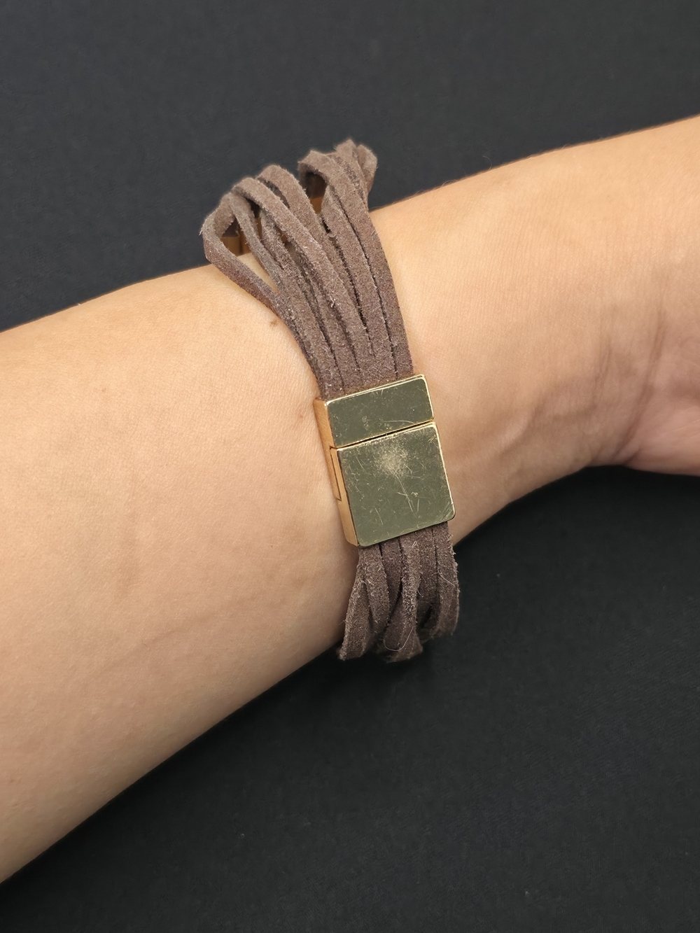 Artisan Gold Bar Brown Suede Multi-Strand Wrap Bracelet 8" - Picture 3 of 4